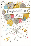 In this congratulations card artwork, a joyful bouquet of illustrated balloons seems to rise gracefully from the lower edge of the image, reminiscent of festive decorations set up in a Brondesbury townhouse for a special celebration. The balloons are drawn in a harmonious palette of gold, silver, champagne, soft blue, blush pink and cool grey, each ornamented with its own subtle pattern: tiny star clusters, delicate glittery textures, slender lines and understated dots that give a sense of depth and gentle sparkle. They overlap and cluster together like a carefully composed display, with their rounded forms catching an imagined soft light. Slim, curling ribbons in metallic gold and silver trail from the base of the balloon bundle, twisting and looping playfully across the card surface as if stirred by a small breeze drifting in from nearby Queen's Park. Across the central section, an elegant banner stretches gracefully over the balloons, carrying the words Congratulations To You in graceful calligraphy that feels proud, but still intimate and heartfelt. Around the main design, scattered stars, tiny confetti specks and sweeping curls create a halo of motion, echoing the lively atmosphere of local gatherings along Willesden Lane. The light, neutral background keeps all attention on the shimmering balloons and their message, creating a sense of airy celebration without clutter. The card's mood is uplifting and polished, ideal for pairing with a thoughtfully arranged bouquet to celebrate exam success, a new job or any cherished milestone for friends and family living in and around Brondesbury.